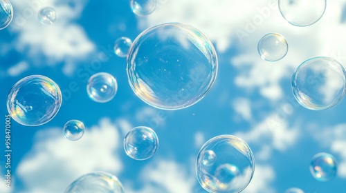 Wallpaper Mural Soap Bubbles Floating Gracefully Against a Bright Blue Sky with Fluffy Clouds Torontodigital.ca