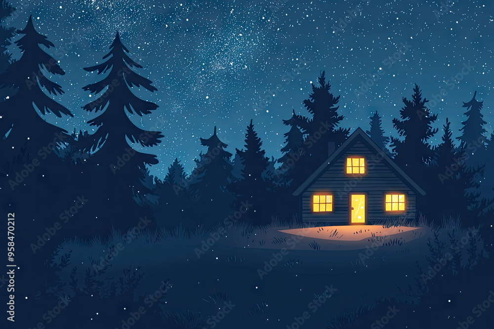 Naklejka premium A solitary cabin nestled amidst a dark forest, bathed in the warm glow of its windows, under a sky twinkling with countless stars.