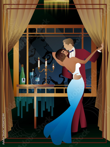 Retro Halloween party flyer. Retro couple of dancers, man and woman, characters in 30s-40s style. Day of the Dead concept