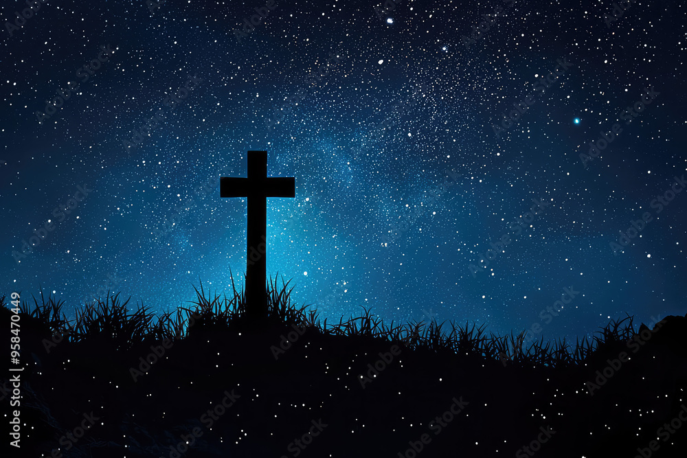 A solitary cross stands tall against a vast, starry night sky, offering a poignant reminder of hope and faith. A solitary cross stands tall against a vast, starry night sky, offering a poignant reminder of hope and faith.