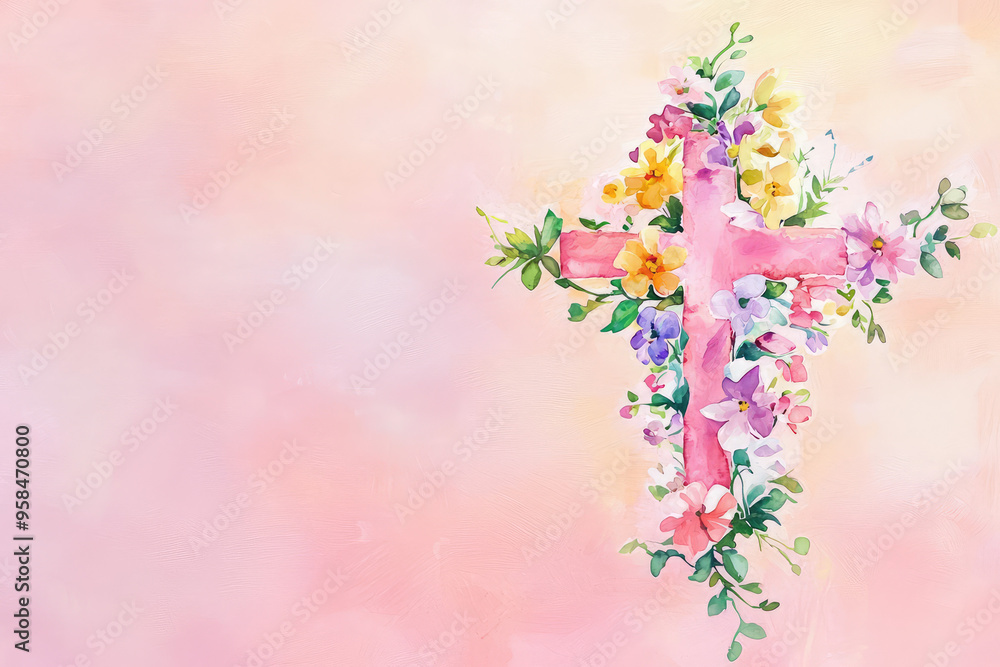 Fototapeta premium A delicate pink cross adorned with a vibrant bouquet of blossoms, a symbol of faith and beauty.