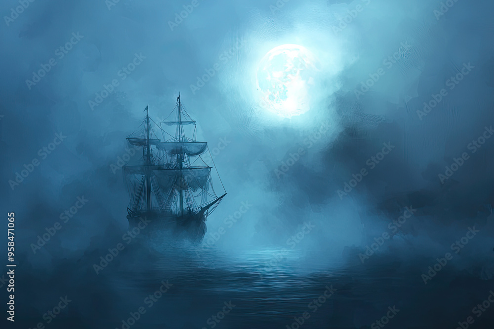 A lone ghost ship sails through the misty night, illuminated by a luminous full moon, its presence both haunting and mesmerizing. A lone ghost ship sails through the misty night, illuminated by a luminous full moon, its presence both haunting and mesmerizing.