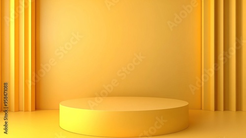 Bright yellow studio background with a circular platform and vertical columns  perfect for showcasing products or presentations.