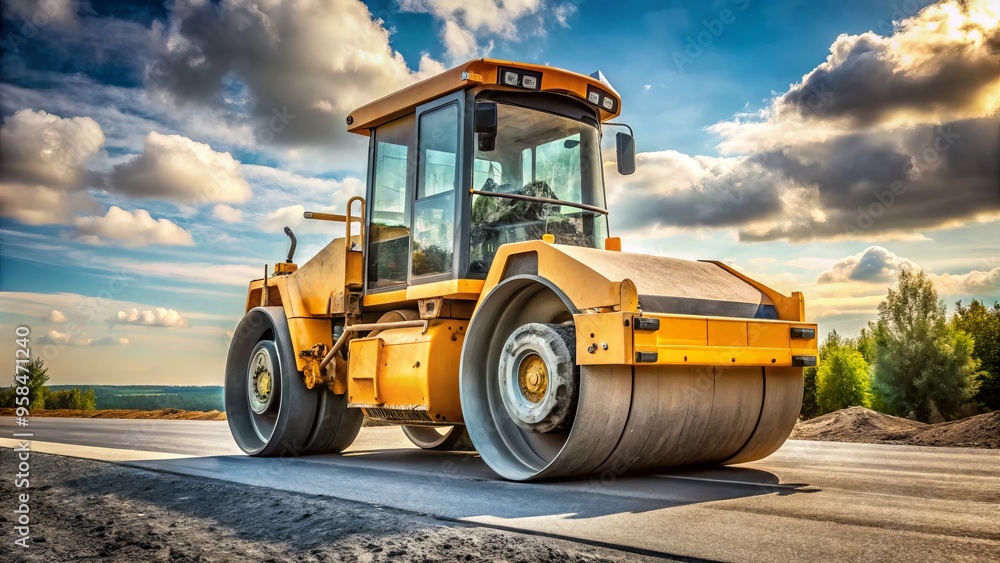 A large construction vehicle boasts a tall, metallic framework and strong base, engineered to pave roads and compact A large construction vehicle boasts a tall, metallic framework and strong base, engineered to pave roads and compact
