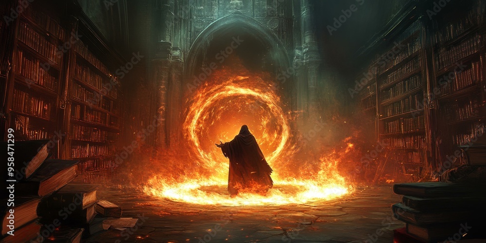 A hooded figure stands before a fiery portal in a A hooded figure stands before a fiery portal in a