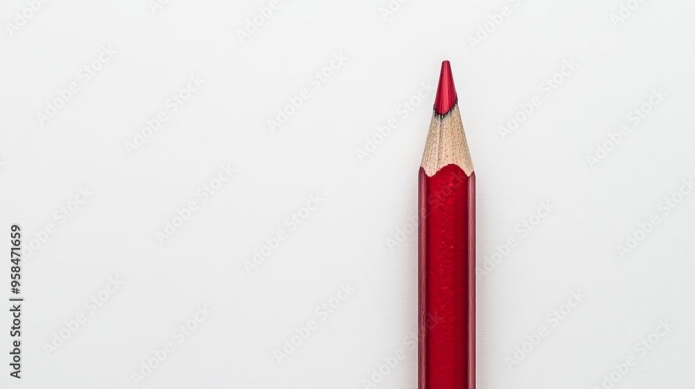 A lone pencil rests against a stark white expanse. Its graphite core, encased in vibrant red, stands out in sharp contrast. From this perspective, the pencil's sleek form reveals its tapered tip A lone pencil rests against a stark white expanse. Its graphite core, encased in vibrant red, stands out in sharp contrast. From this perspective, the pencil's sleek form reveals its tapered tip