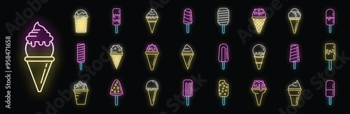Set of neon icons featuring various types of ice cream and popsicles, glowing against a dark background