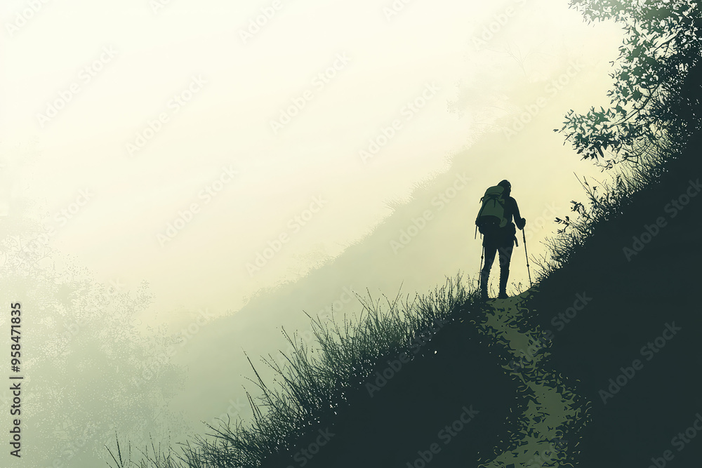 A solitary hiker, silhouetted against a misty morning, climbs a winding trail through a verdant forest. The air is still, the path ahead uncertain. A solitary hiker, silhouetted against a misty morning, climbs a winding trail through a verdant forest. The air is still, the path ahead uncertain.