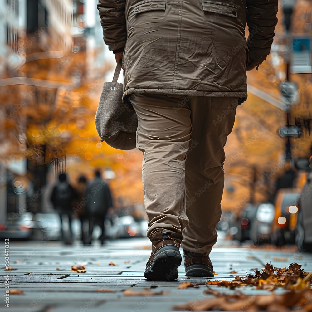 Obraz premium Overweight Person Confidently Strolling Down a Busy City Street with Detailed Outfit and Energetic Environment