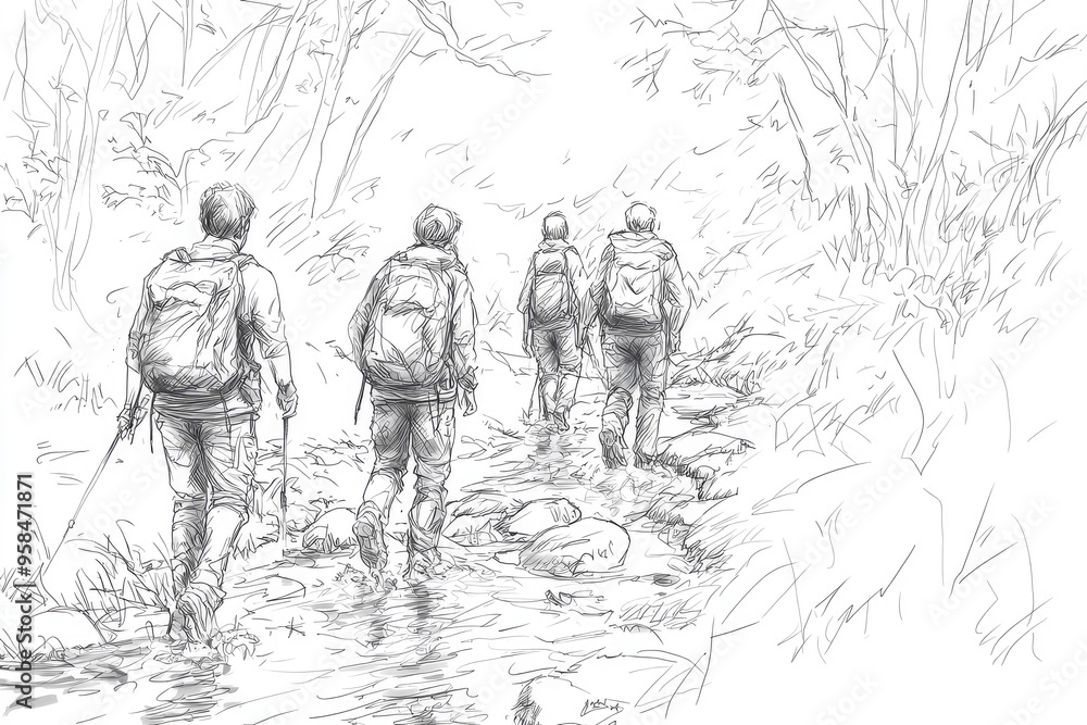 Naklejka premium Four hikers, equipped with backpacks and trekking poles, navigate a winding stream amidst a lush, verdant forest.