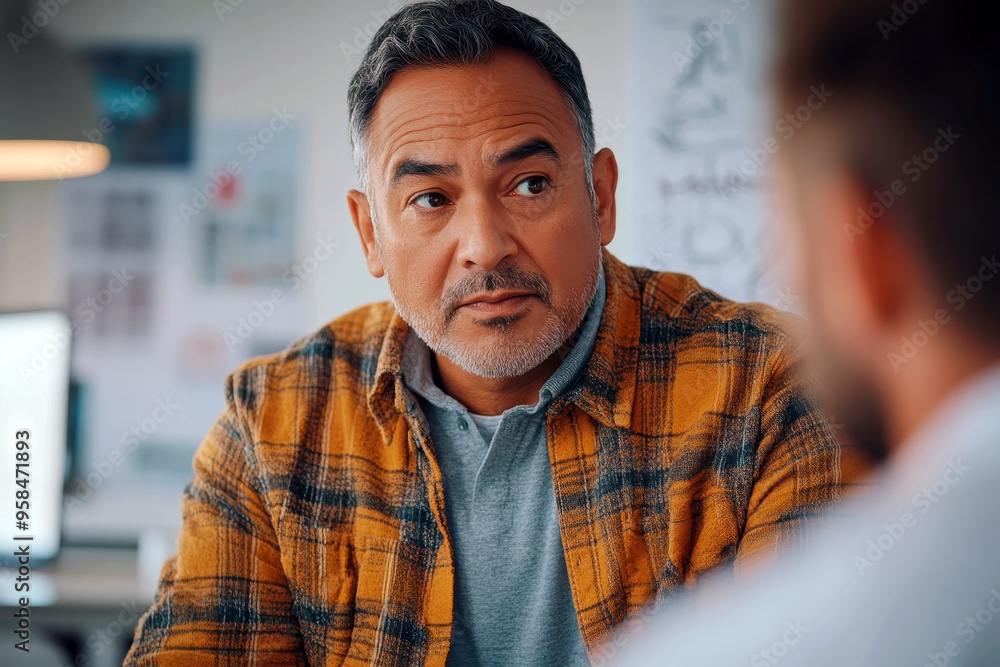Concerned middle-aged man in a medical consultation wearing a plaid shirt Concerned middle-aged man in a medical consultation wearing a plaid shirt
