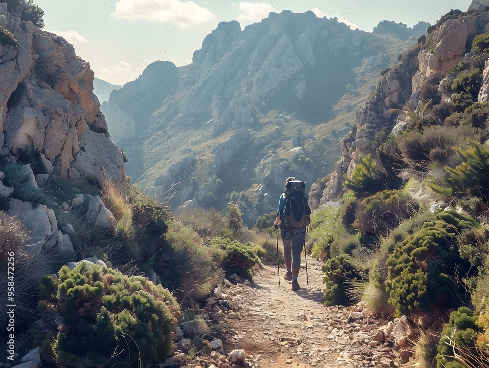 Naklejka premium Overweight Hiker Trekking Through Picturesque Mountain Trail with Determined Expression