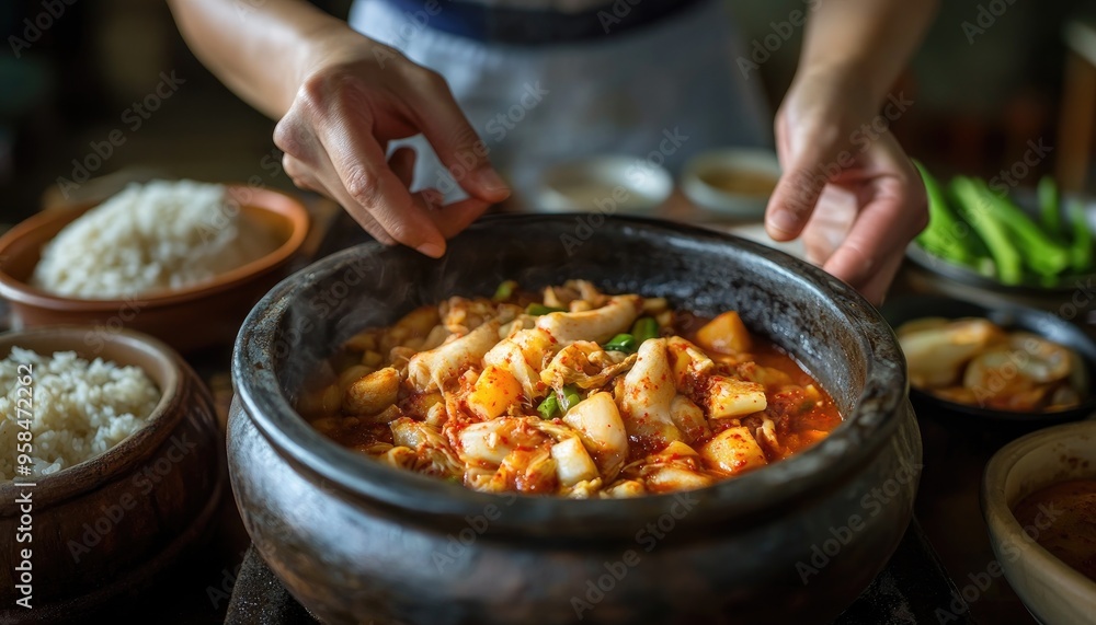 Steaming hot and spicy kimchi stew in a clay pot with white rice on the side. Steaming hot and spicy kimchi stew in a clay pot with white rice on the side.