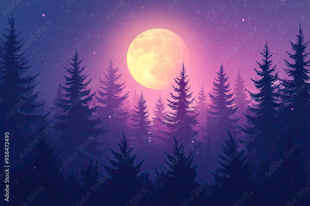 A Full Moon Bathes a Silhouetted Forest in Ethereal Glow, Stars Twinkling in the Night Sky. A Full Moon Bathes a Silhouetted Forest in Ethereal Glow, Stars Twinkling in the Night Sky.