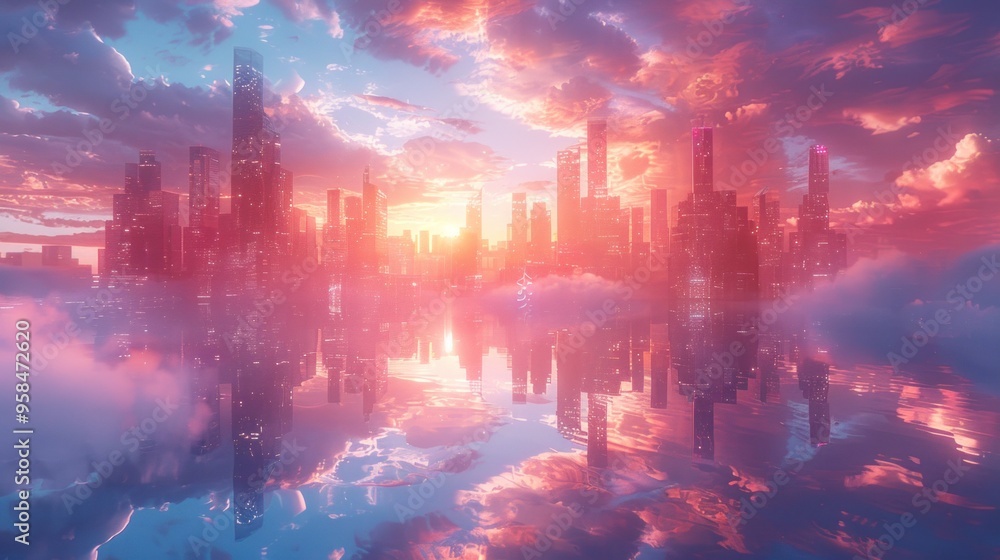 A city skyline is reflected in a body of water, with a pink A city skyline is reflected in a body of water, with a pink