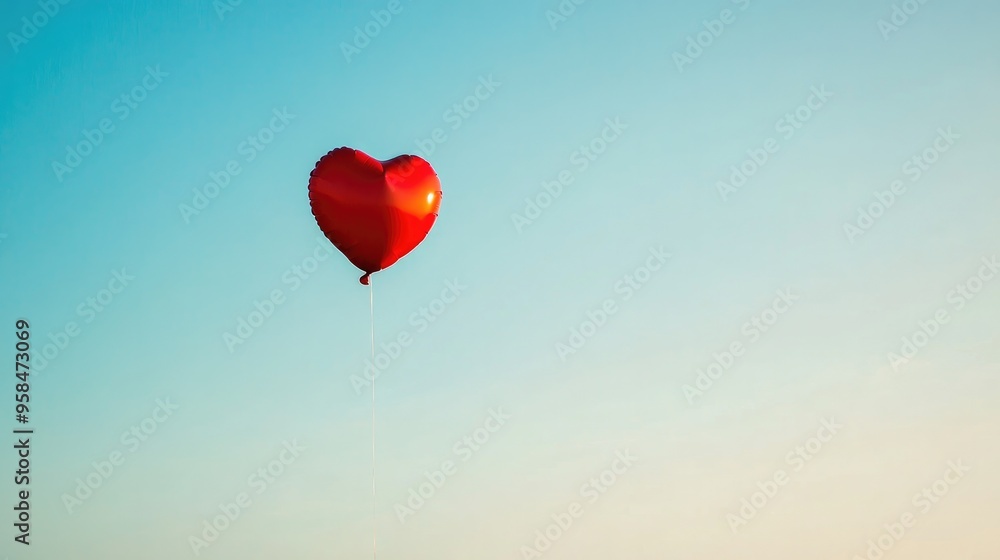 A red heart balloon floating in the air against a clear blue sky A red heart balloon floating in the air against a clear blue sky