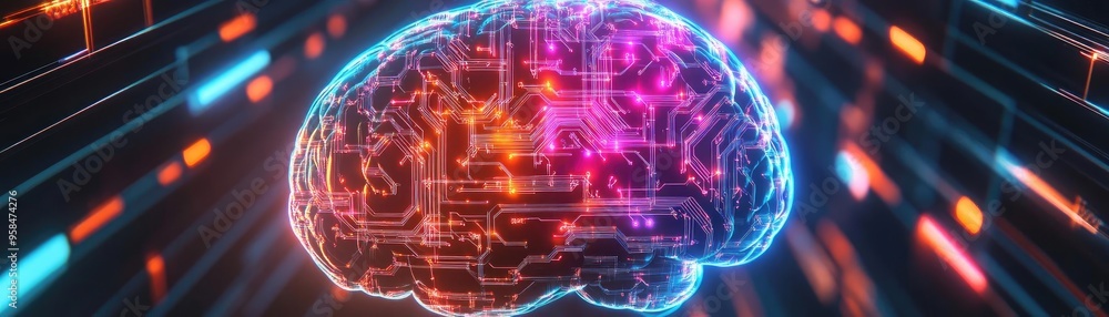 A futuristic representation of a brain with vibrant lights, symbolizing intelligence, technology, and innovative thinking. A futuristic representation of a brain with vibrant lights, symbolizing intelligence, technology, and innovative thinking.