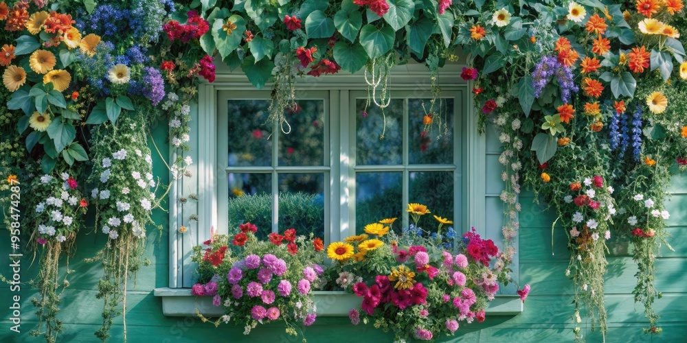 Beautiful summer window with colorful flowers and hanging vines, summer, window, beautiful, flowers, colorful, hanging Beautiful summer window with colorful flowers and hanging vines, summer, window, beautiful, flowers, colorful, hanging