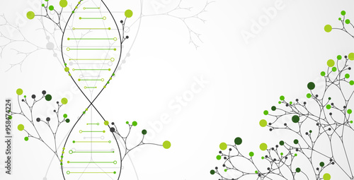 Scientific medical background with abstract image of dna molecule and tree branches. Hand drawn vector illustration.