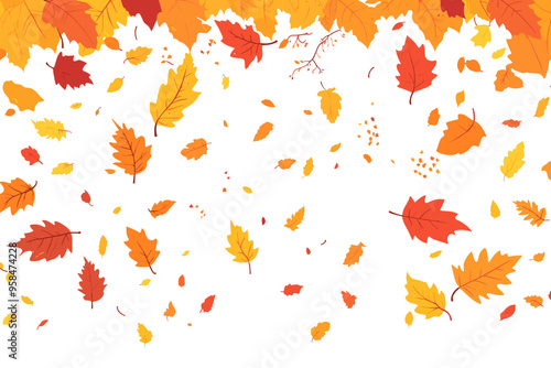 Autumn falling leaves. Flying orange foliage from tree on white background isolated vector illustration