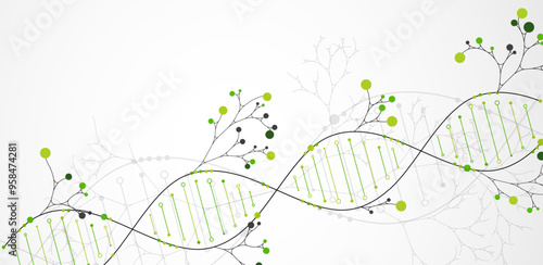 Scientific medical background with abstract image of dna molecule and tree branches. Hand drawn vector illustration.