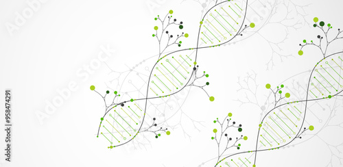 Scientific medical background with abstract image of dna molecule and tree branches. Hand drawn vector illustration.