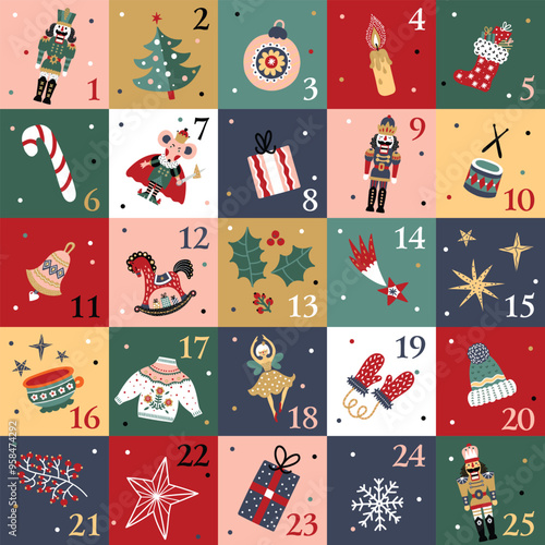 Cute nutcracker christmas advent calendar design. Colorful  illustration, background for calendar, wall decor, card, banner etc.