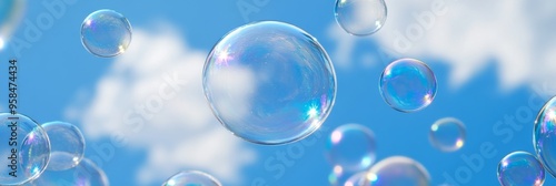 Wallpaper Mural Transparent soap bubbles float gracefully in a clear blue sky with fluffy white clouds Torontodigital.ca