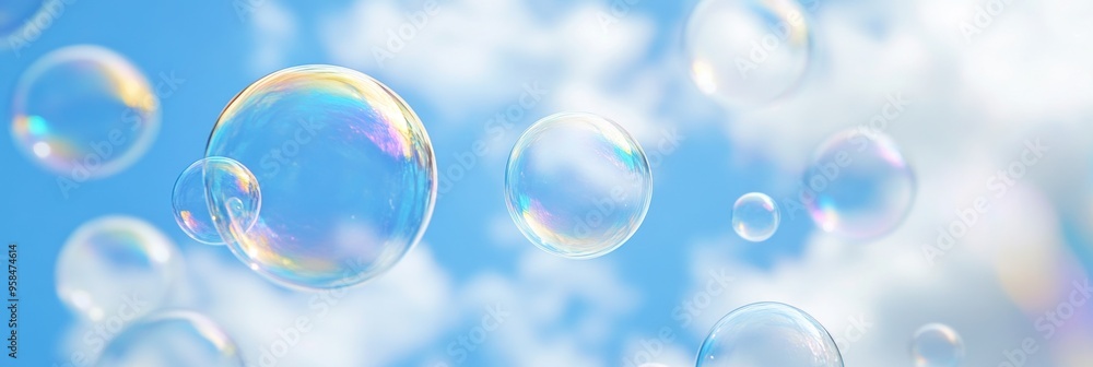 Transparent soap bubbles float gracefully in a clear blue sky with fluffy white clouds Transparent soap bubbles float gracefully in a clear blue sky with fluffy white clouds