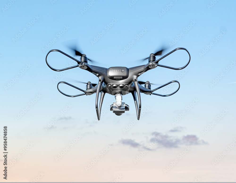 Modern drone with a camera flies in the sky. Modern drone with a camera flies in the sky.
