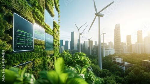 A 3D illustration of a sustainable economy, a cityscape with green buildings covered in vertical gardens and wind turbines, digital screens showing ecological data and stock market performance of photo