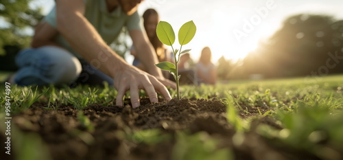 Planting new trees. planting new trees in an open area of a mountain. Hand edited generative AI.