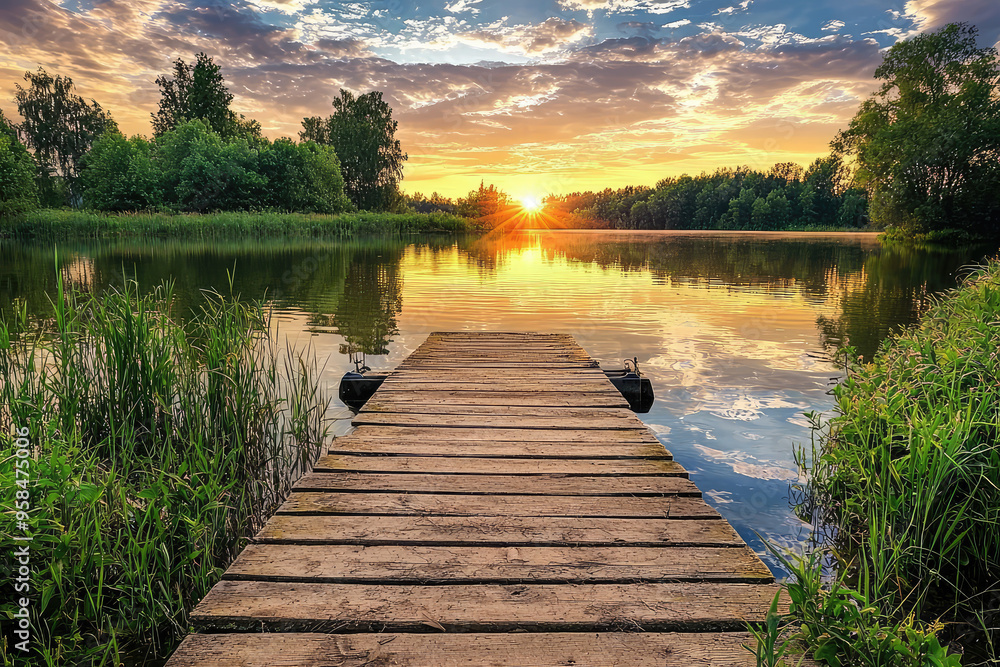 Golden Hour Serenity: A wooden dock extends into a tranquil lake, reflecting the warm hues of a breathtaking sunset. Golden Hour Serenity: A wooden dock extends into a tranquil lake, reflecting the warm hues of a breathtaking sunset.