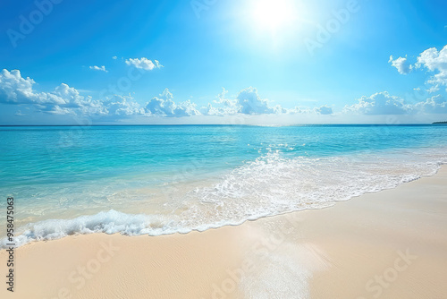 Sun-drenched Beach with Crystal-Clear Water and Gentle Waves