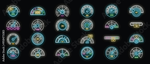 Set of colorful neon glowing credit score gauge icons on black background, showing financial status