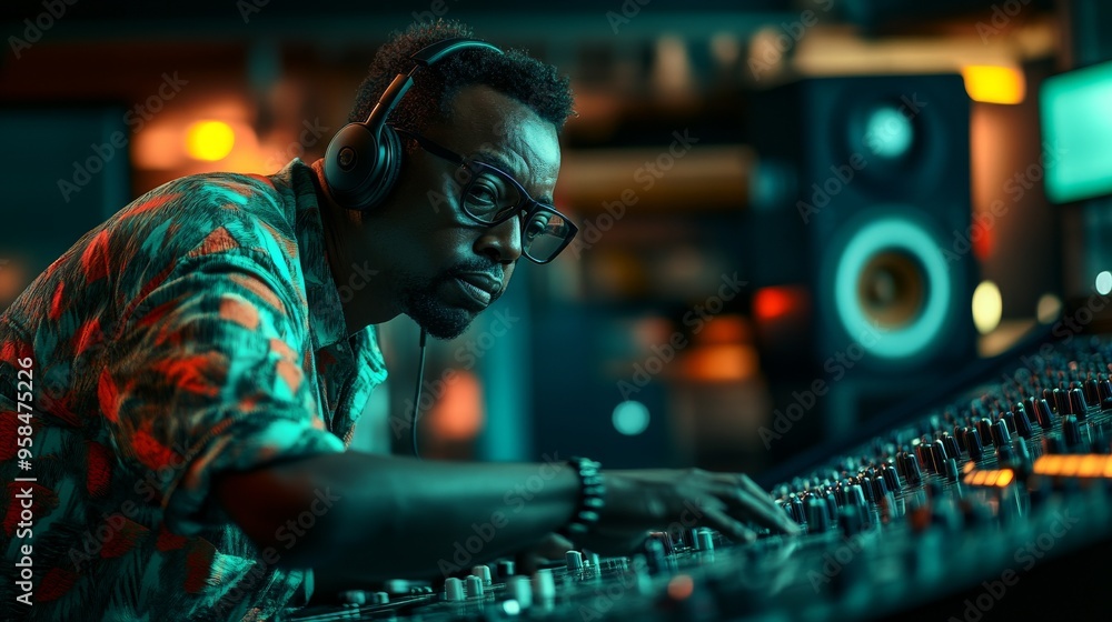 Producer turns up volume and adds effects to a mixing console, recording live tracks on a mixing console, professional music studio concept. Camera A. Producer turns up volume and adds effects to a mixing console, recording live tracks on a mixing console, professional music studio concept. Camera A.
