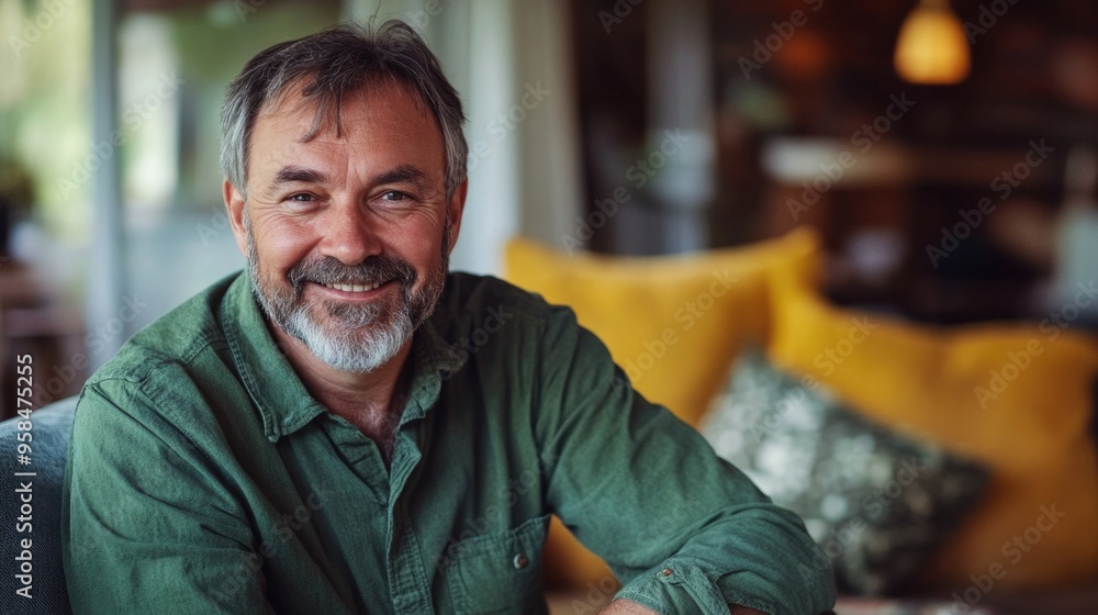 Older Man in Green Shirt Posing with Smile and Beard Older Man in Green Shirt Posing with Smile and Beard