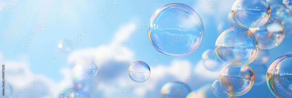 Transparent soap bubbles float gracefully in a clear blue sky with fluffy white clouds Transparent soap bubbles float gracefully in a clear blue sky with fluffy white clouds