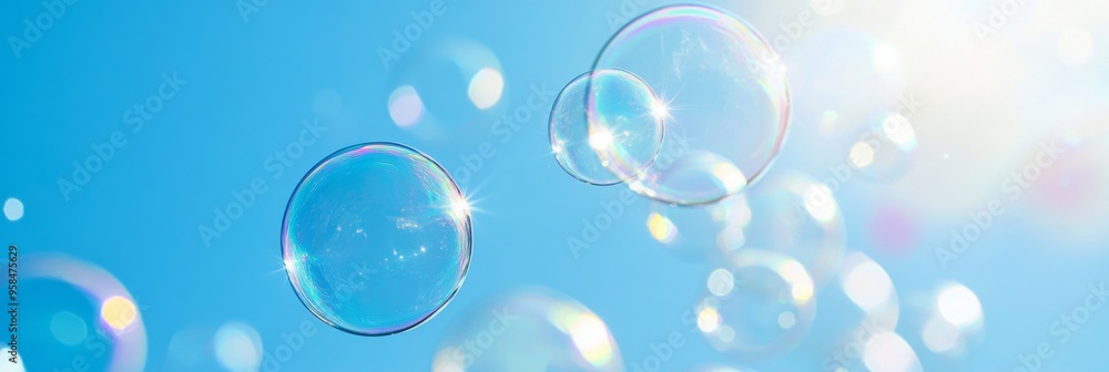 Transparent soap bubbles float gracefully in a clear blue sky with fluffy white clouds Transparent soap bubbles float gracefully in a clear blue sky with fluffy white clouds