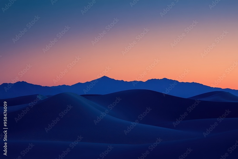 A serene desert landscape at dusk, showcasing rolling sand dunes and distant mountains. A serene desert landscape at dusk, showcasing rolling sand dunes and distant mountains.