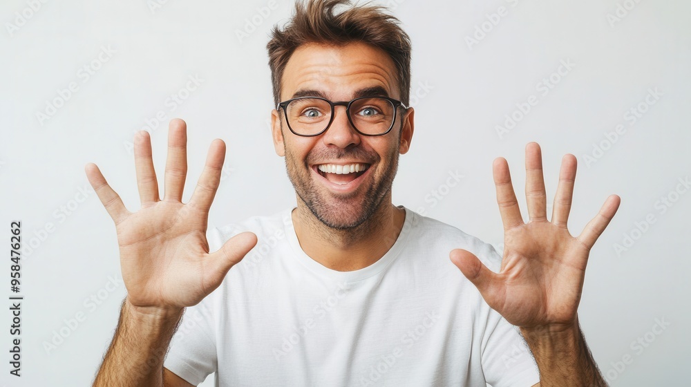 A cheerful man with glasses shows ten fingers while smiling, exuding positivity and excitement in a bright, neutral background. A cheerful man with glasses shows ten fingers while smiling, exuding positivity and excitement in a bright, neutral background.