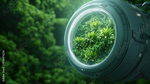 Interplanetary cargo ship with greenhouse compartments, windows revealing lush plants thriving in microgravity, realistic photograph,