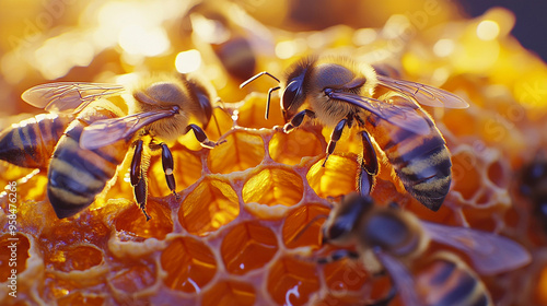 Close-up photo of bee on honeycomb. A honey bee collecting nectar, wildlife perfect pattern	 photo