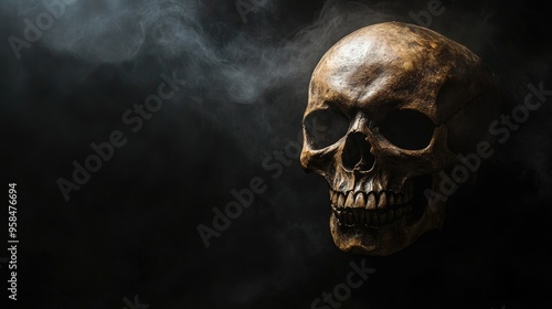 Human skull bones shrouded in ghostly fog against a black background, creating a haunting and eerie effect.