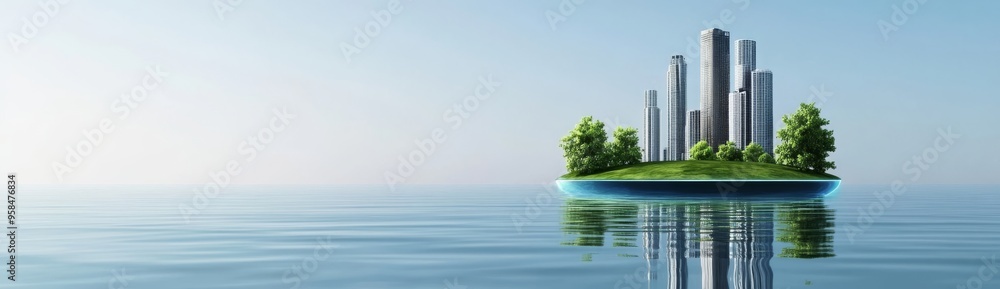 Fototapeta premium Small Island with City Buildings Floating on Sea in Digital Illustration Style