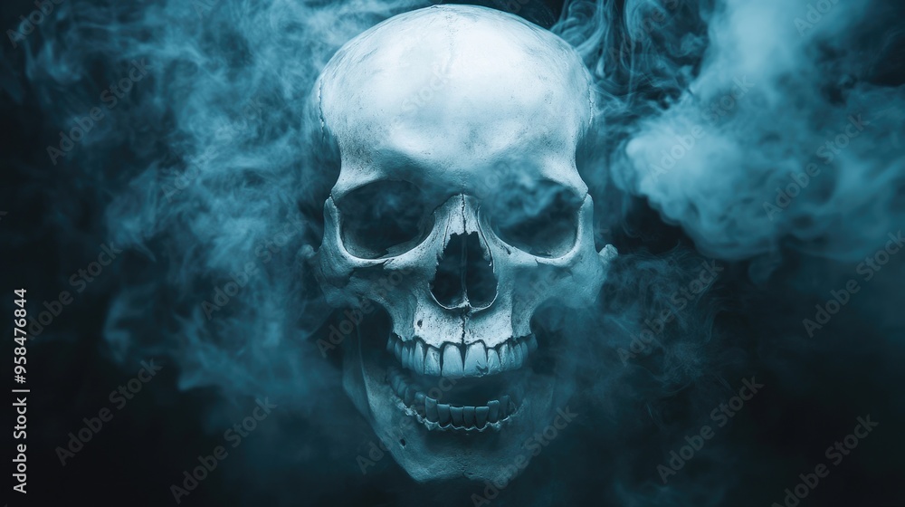 Human skull bones with an ethereal fog on a dark backdrop, illustrating a ghostly and macabre scene. Human skull bones with an ethereal fog on a dark backdrop, illustrating a ghostly and macabre scene.