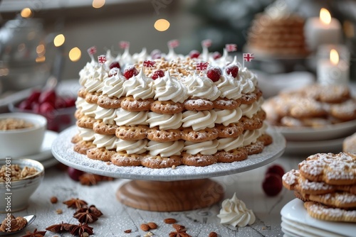 Norway: Kransekake A tall, ring-shaped cake made of stacked almond cookie rings, decorated with white icing and small Norwegian flags photo