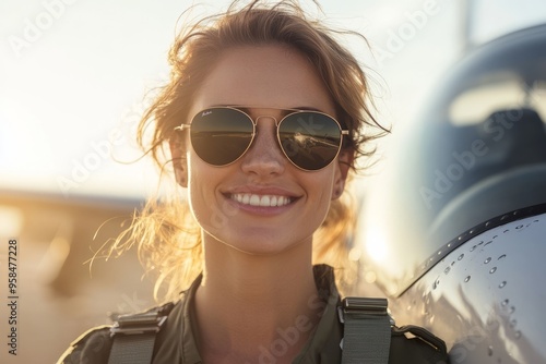 A confident female pilot wearing aviator sunglasses reflecting an airplane, smiling under a clear sky. photo