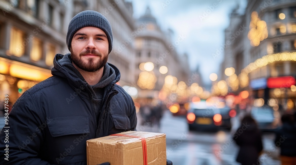A cheerful young man holds a delivery package on a busy street as evening lights start to twinkle A cheerful young man holds a delivery package on a busy street as evening lights start to twinkle