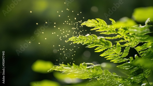 Close-up of a fern releasing spores into the air, with a misty background to highlight the tiny particles and natural reproduction process photo